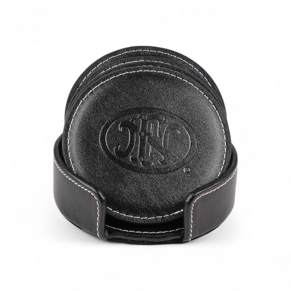 Bonded Leather Coaster Set with FN Logo | Includes Holder